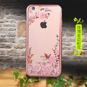 Луксозен силиконов гръб ТПУ ултратънък с 3D камъни и златисто розов кант за Apple iPhone 7 4.7 / Apple iPhone 8 4.7 розови цветя 